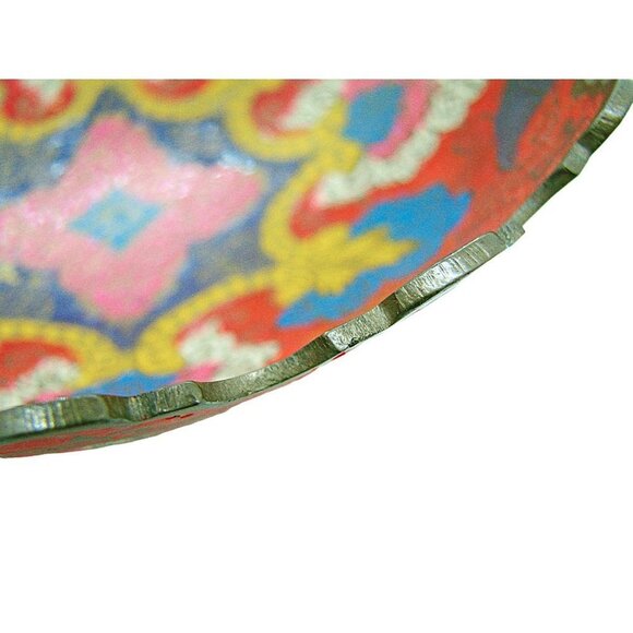 Vintage Multicolor Brass Enamel Scalloped Edge Raw Brass Foot Peacock Bowl Sz 6" - Picture 6 of 12